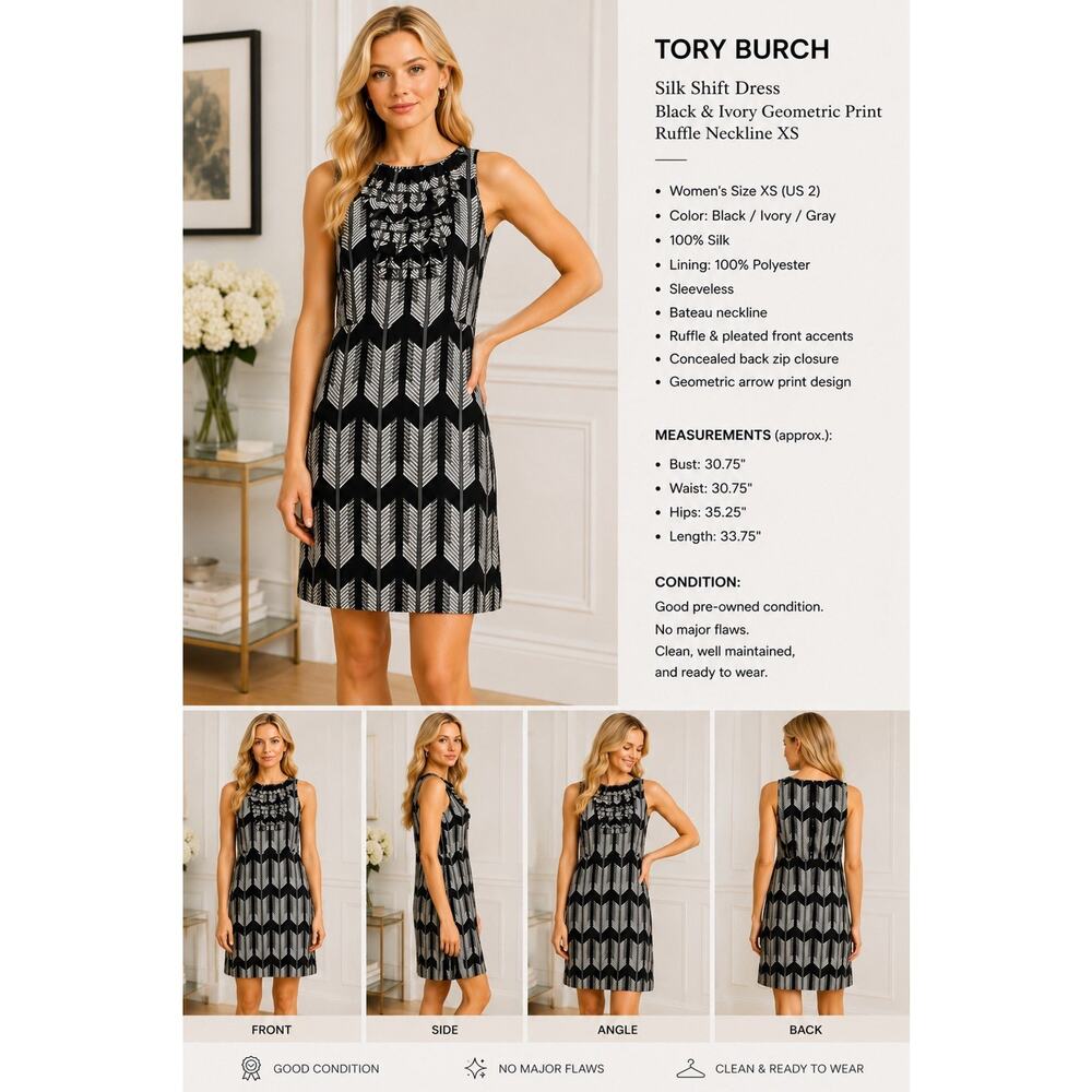 Tory Burch Silk Shift Dress Black & Ivory Geometric Print Ruffle Neckline XS